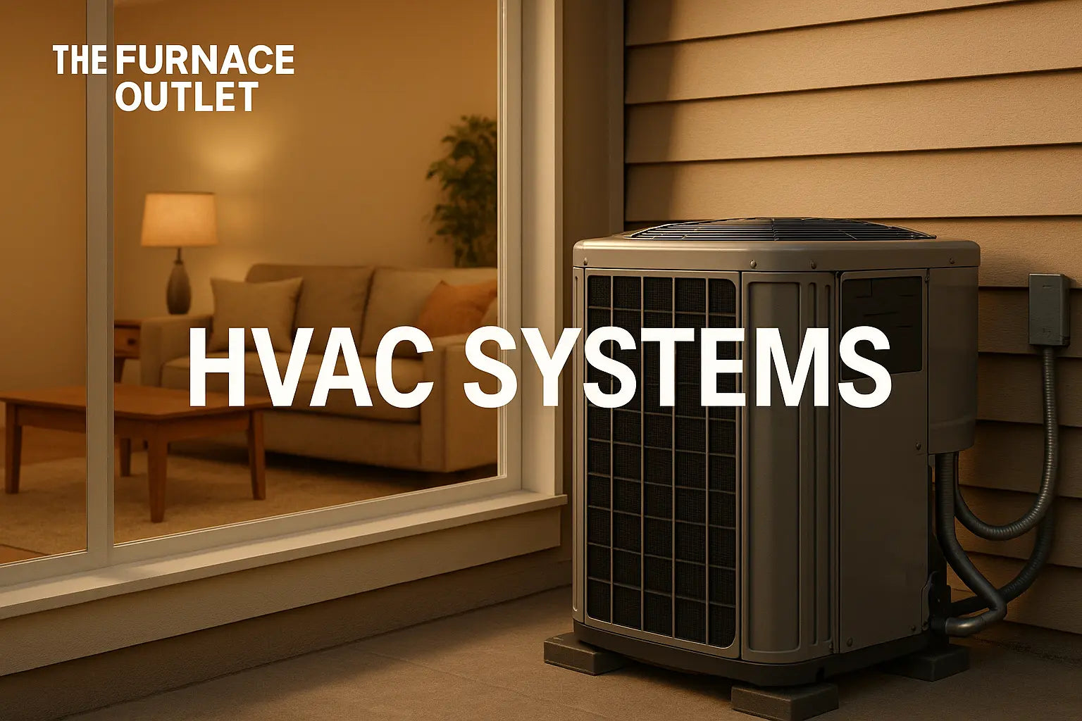Outdoor central AC unit beside a cozy, warmly lit living room window, representing HVAC home comfort.