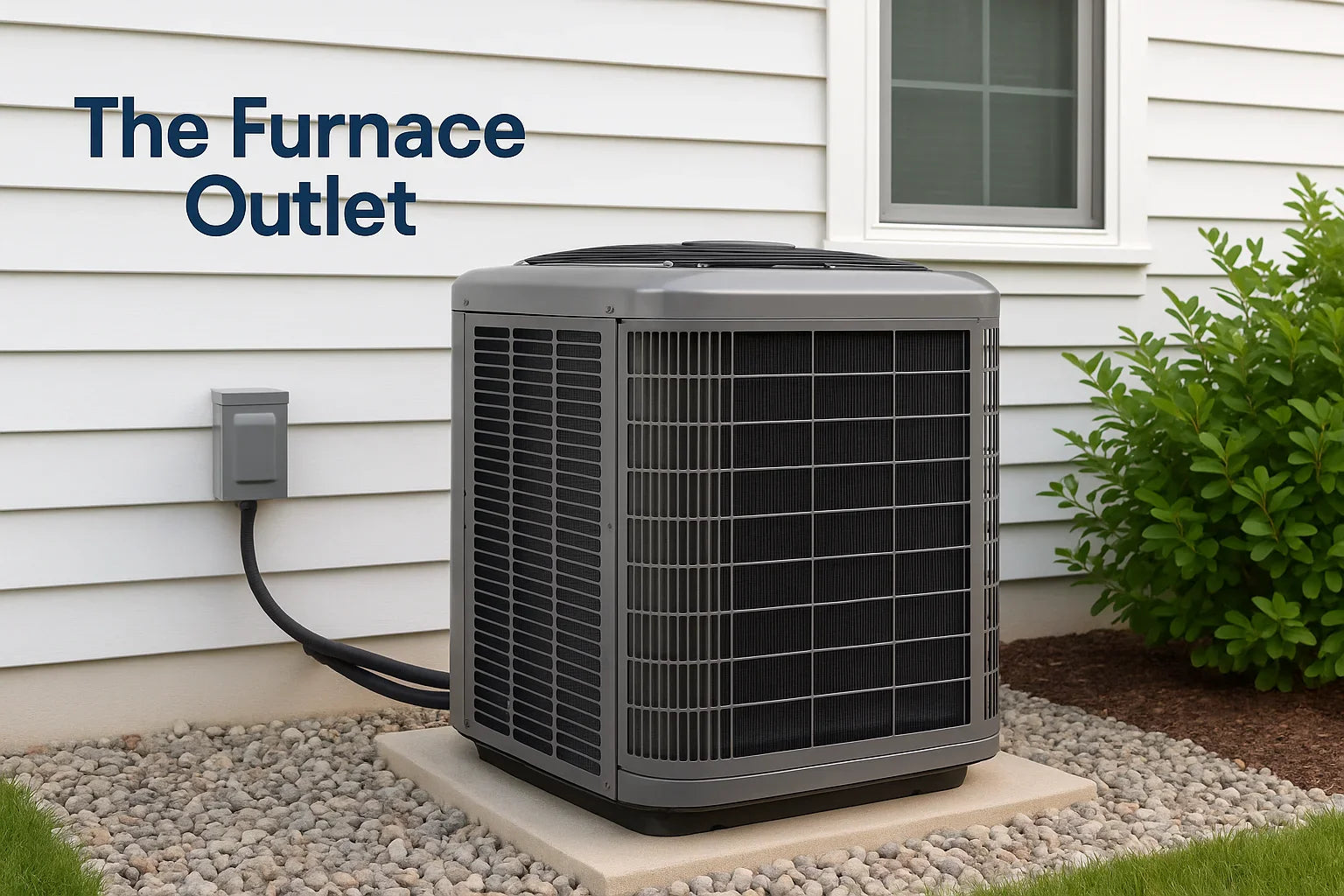 Outdoor central air conditioner unit next to a house with The Furnace Outlet branding.