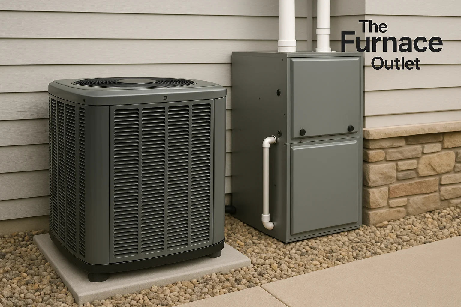 Outdoor central air conditioning unit and furnace next to a home exterior wall.