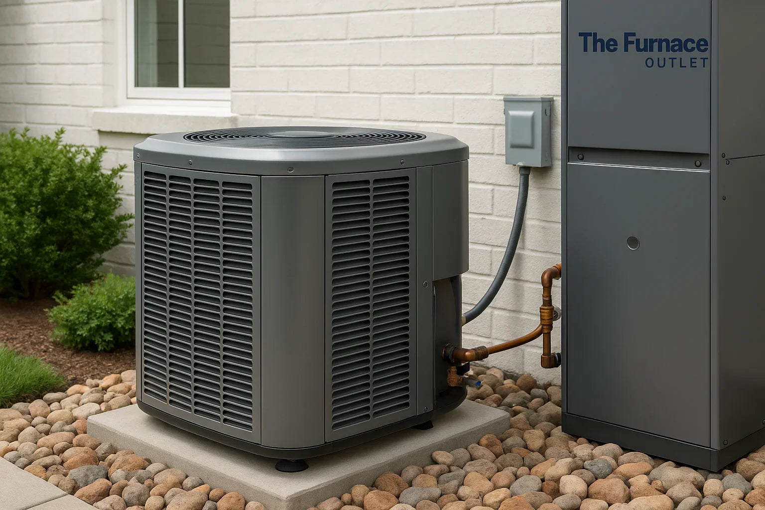 Outdoor central air conditioning unit next to furnace on landscaped home exterior.
