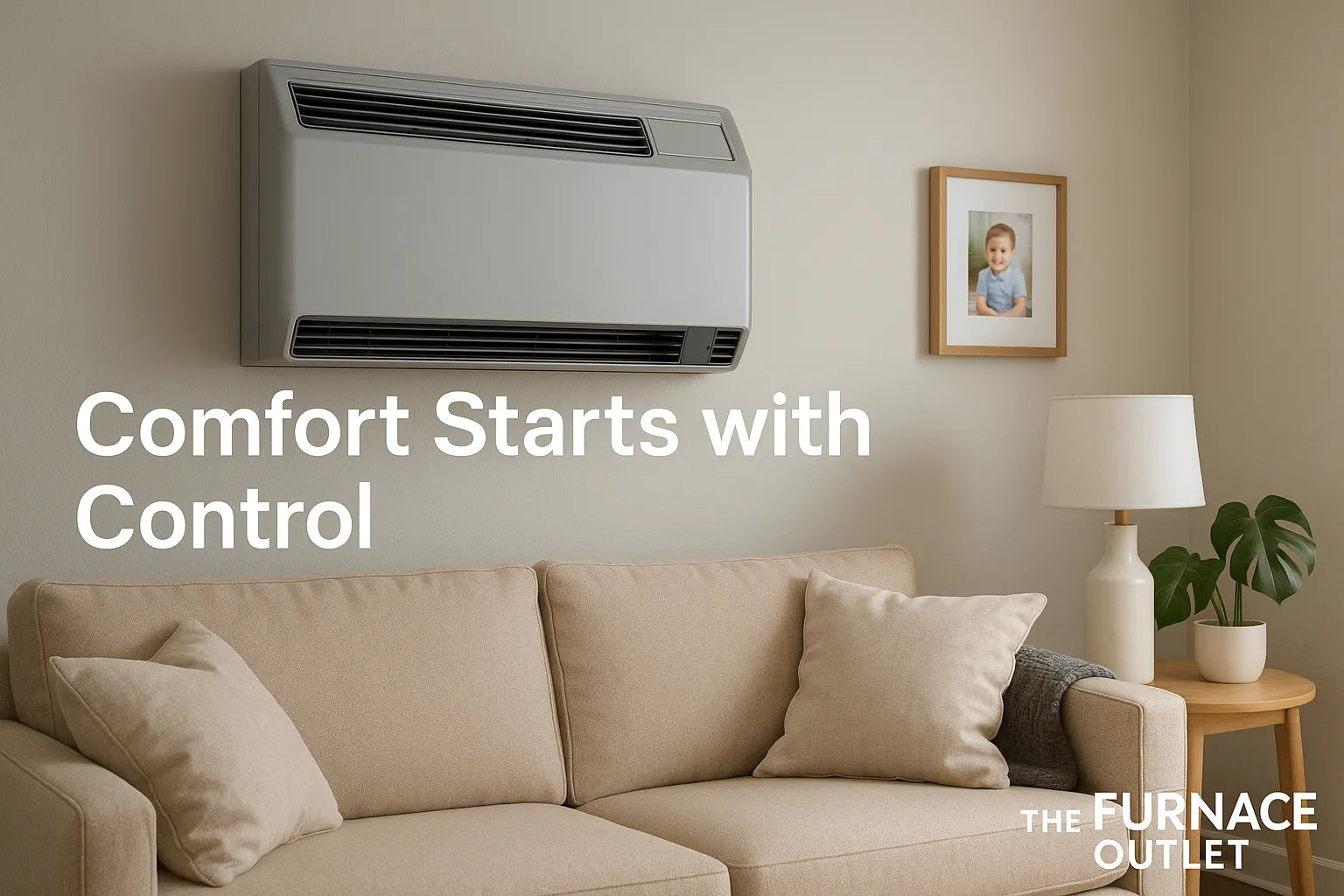 Modern living room with wall-mounted PTAC unit providing energy-efficient heating and cooling.