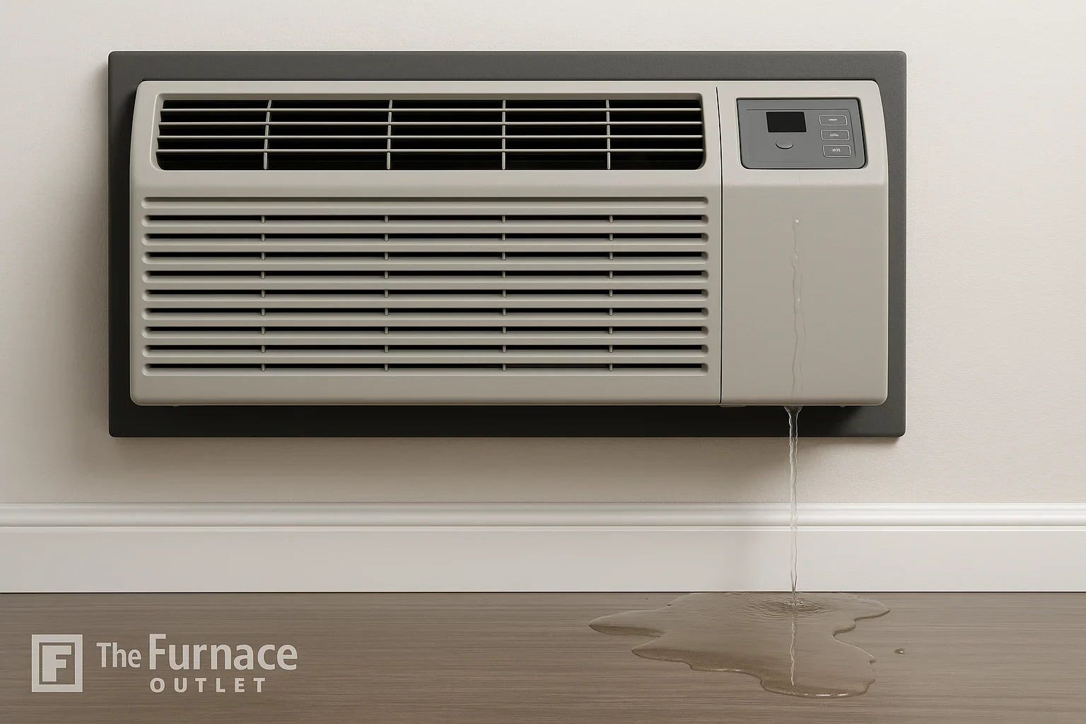 PTAC air conditioner leaking water onto the floor with The Furnace Outlet logo in the corner