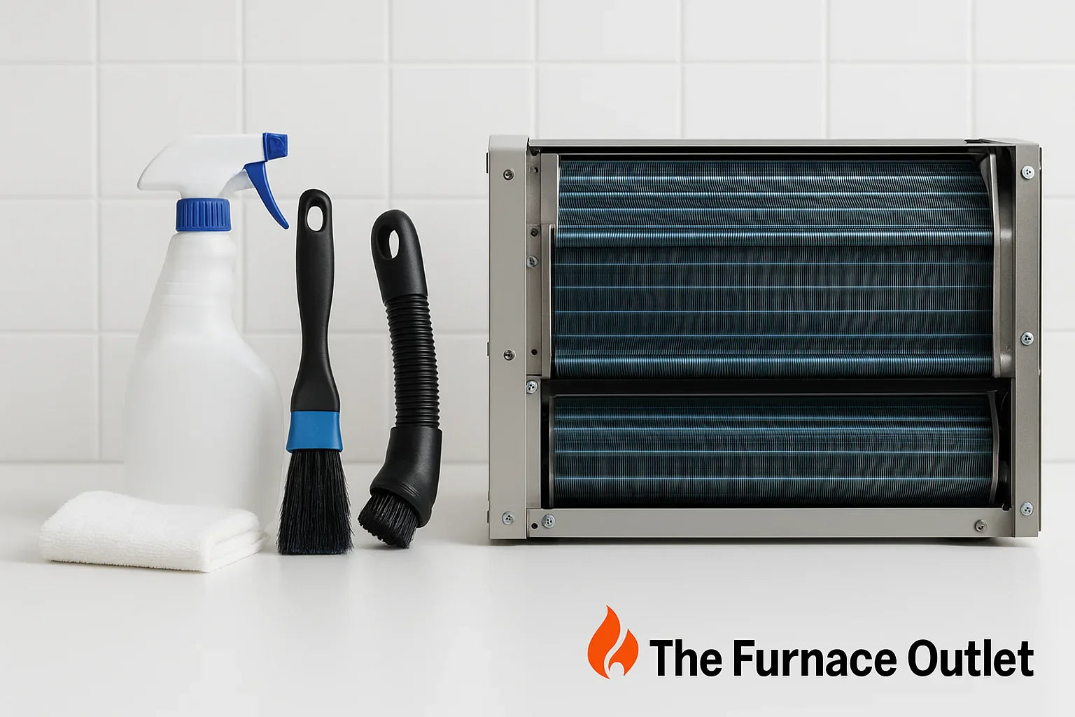 PTAC coil cleaning tools with unit and The Furnace Outlet logo.