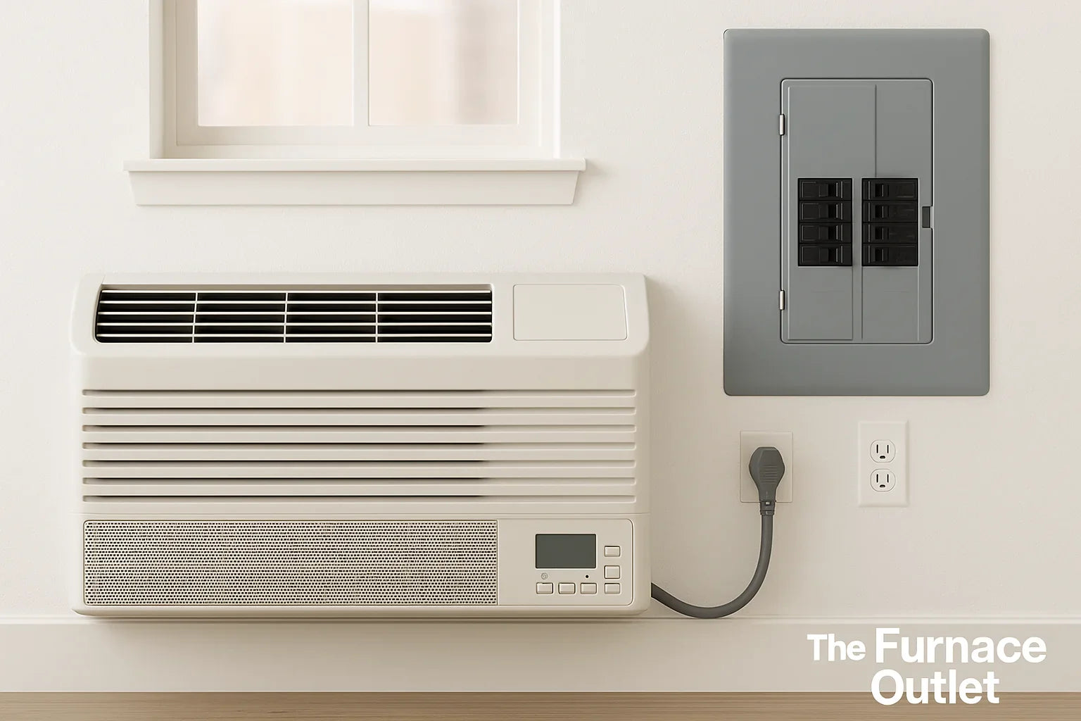 window air conditioner with dark cover installed in clean white frame