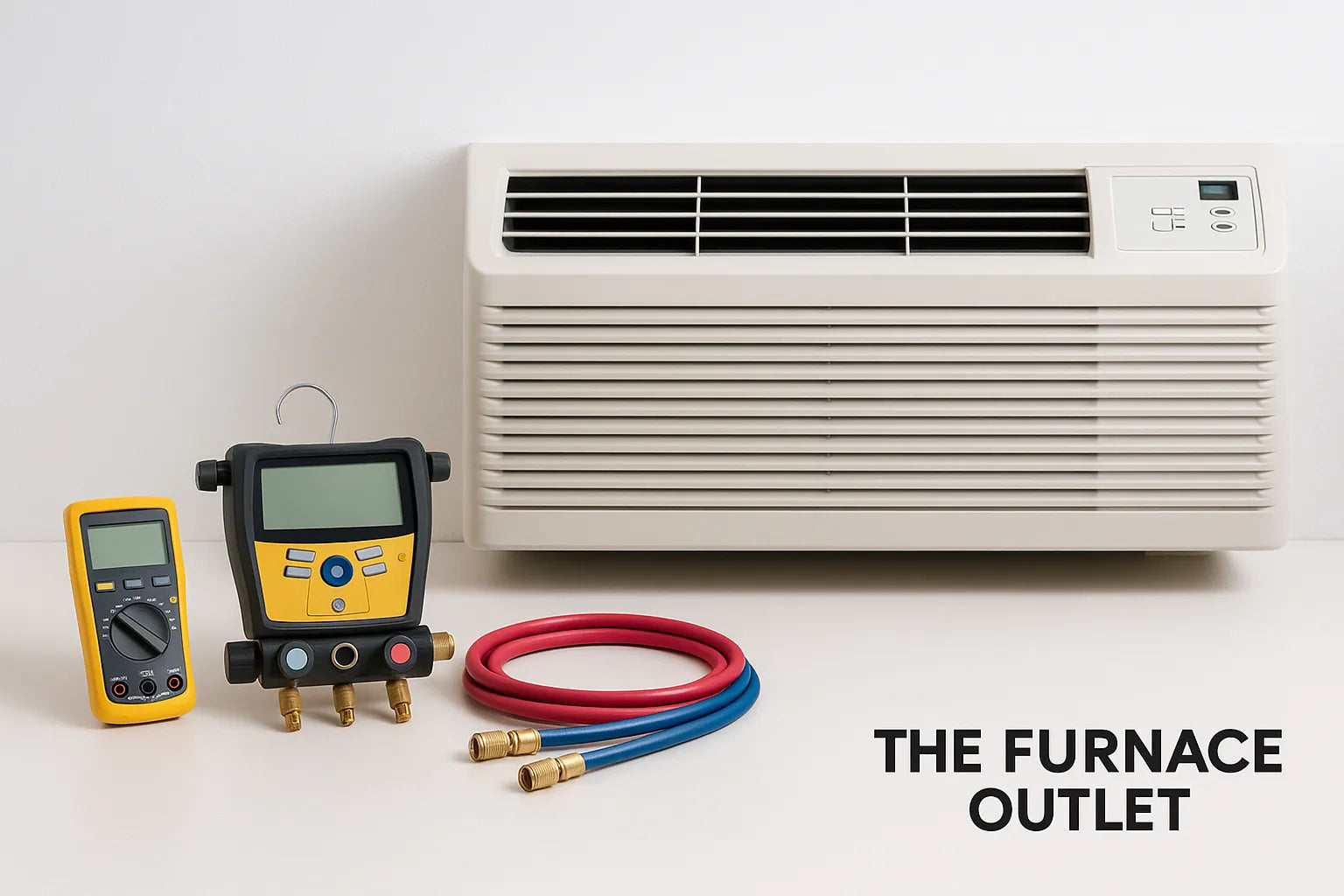 PTAC unit on wall with HVAC diagnostic tools neatly arranged below and “The Furnace Outlet” logo at bottom right.