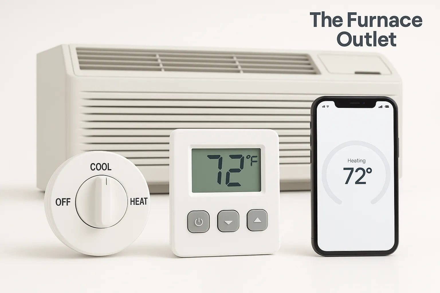 PTAC unit with manual, digital, and smart thermostat controls shown side by side