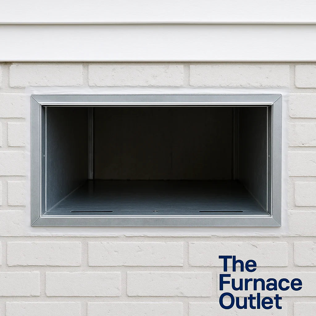 PTAC wall sleeve installed in white brick wall with The Furnace Outlet logo in corner