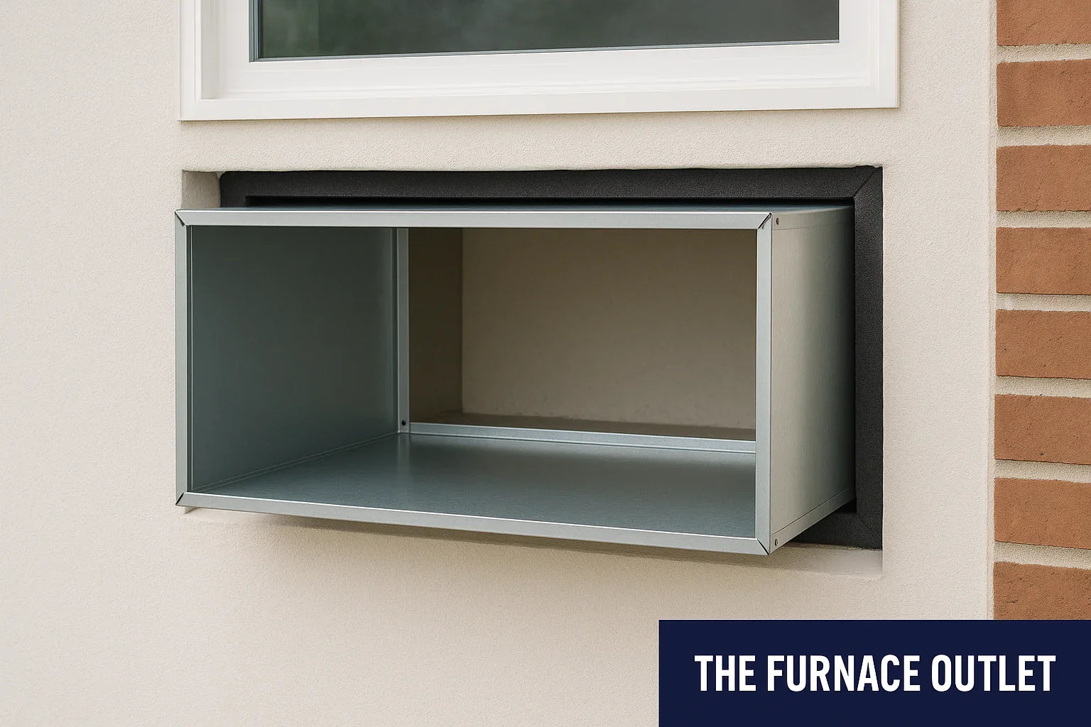 PTAC wall sleeve installed under a window on a brick and stucco wall exterior. 