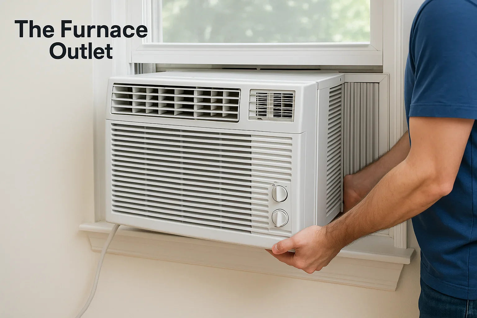 Person carefully removing a window air conditioner from a white frame.