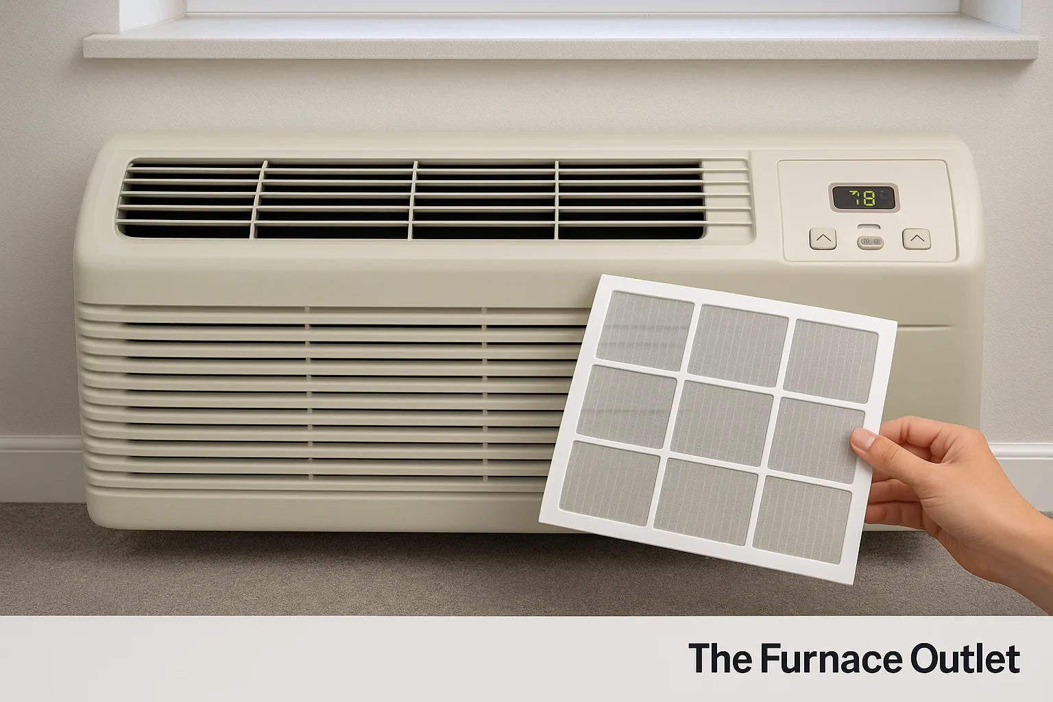 Person cleaning the air filter of a PTAC unit in a home setting.