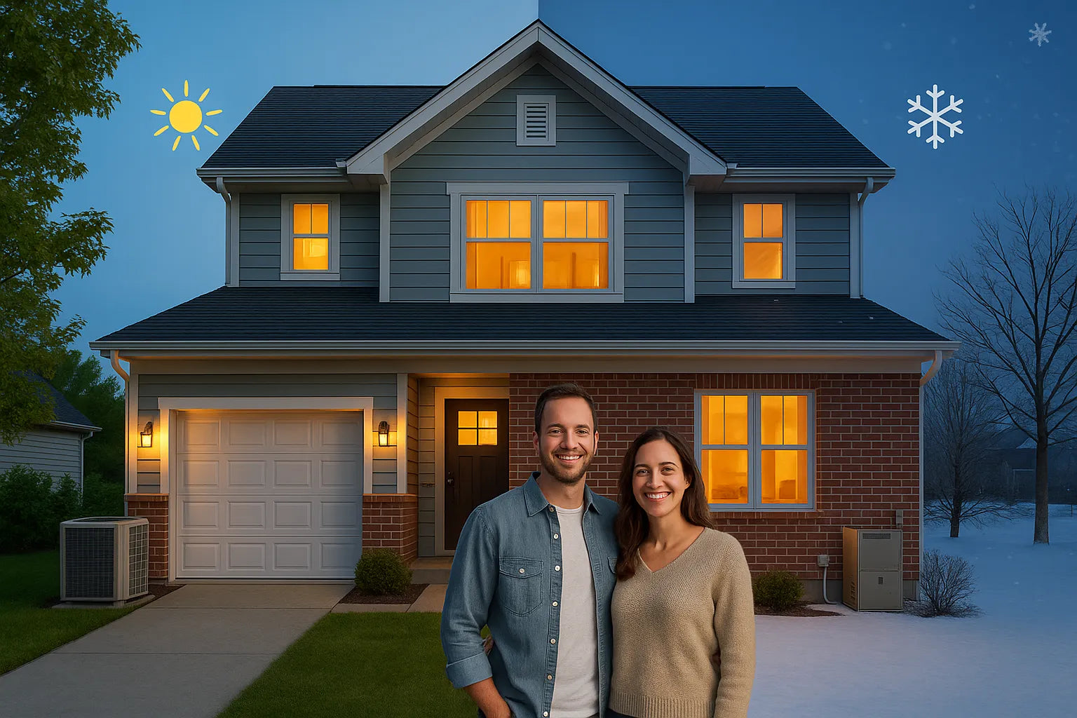 Photo‑realistic suburban home split between summer sun and winter snow, illustrating energy‑efficient heating and cooling for The Furnace Outlet.
