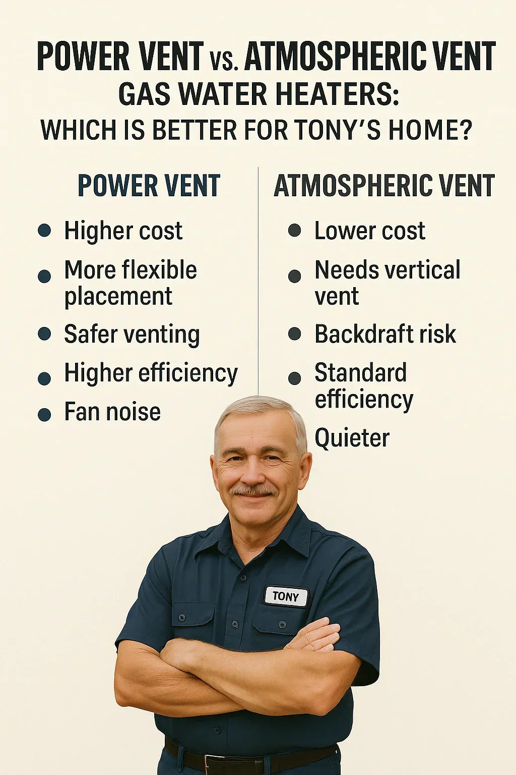 Power Vent vs. Atmospheric Vent Gas Water Heaters: Which Is Better for Tony’s Home?
