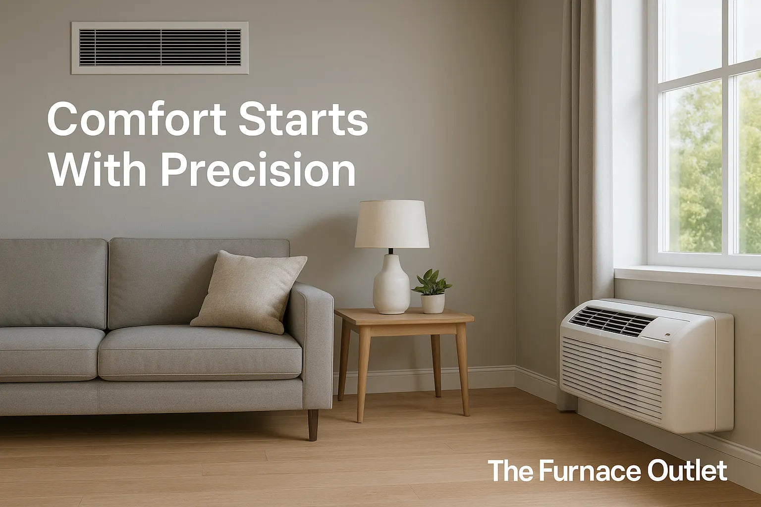 Modern living room with HVAC vent and PTAC unit illustrating efficient home heating and cooling by The Furnace Outlet.