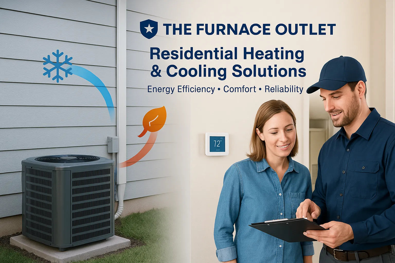 Professional HVAC technician consulting a homeowner at a modern U.S. house with outdoor condenser and smart thermostat—clean, energy‑efficient comfort by The Furnace Outlet.
