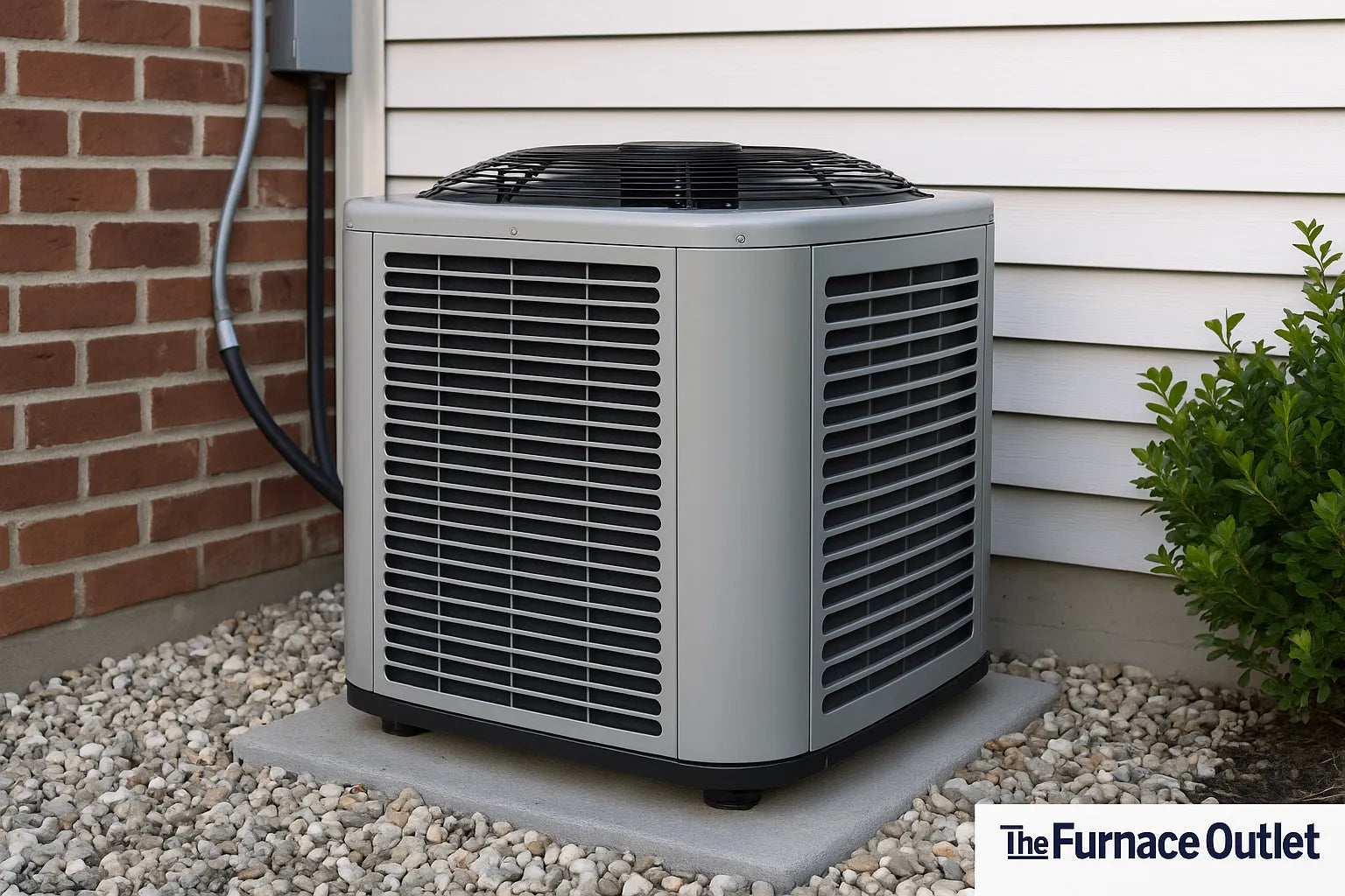 Professional HVAC technician inspecting a central air conditioner outside a modern suburban home on a sunny summer day, illustrating real-world SEER performance and The Furnace Outlet’s trusted service.