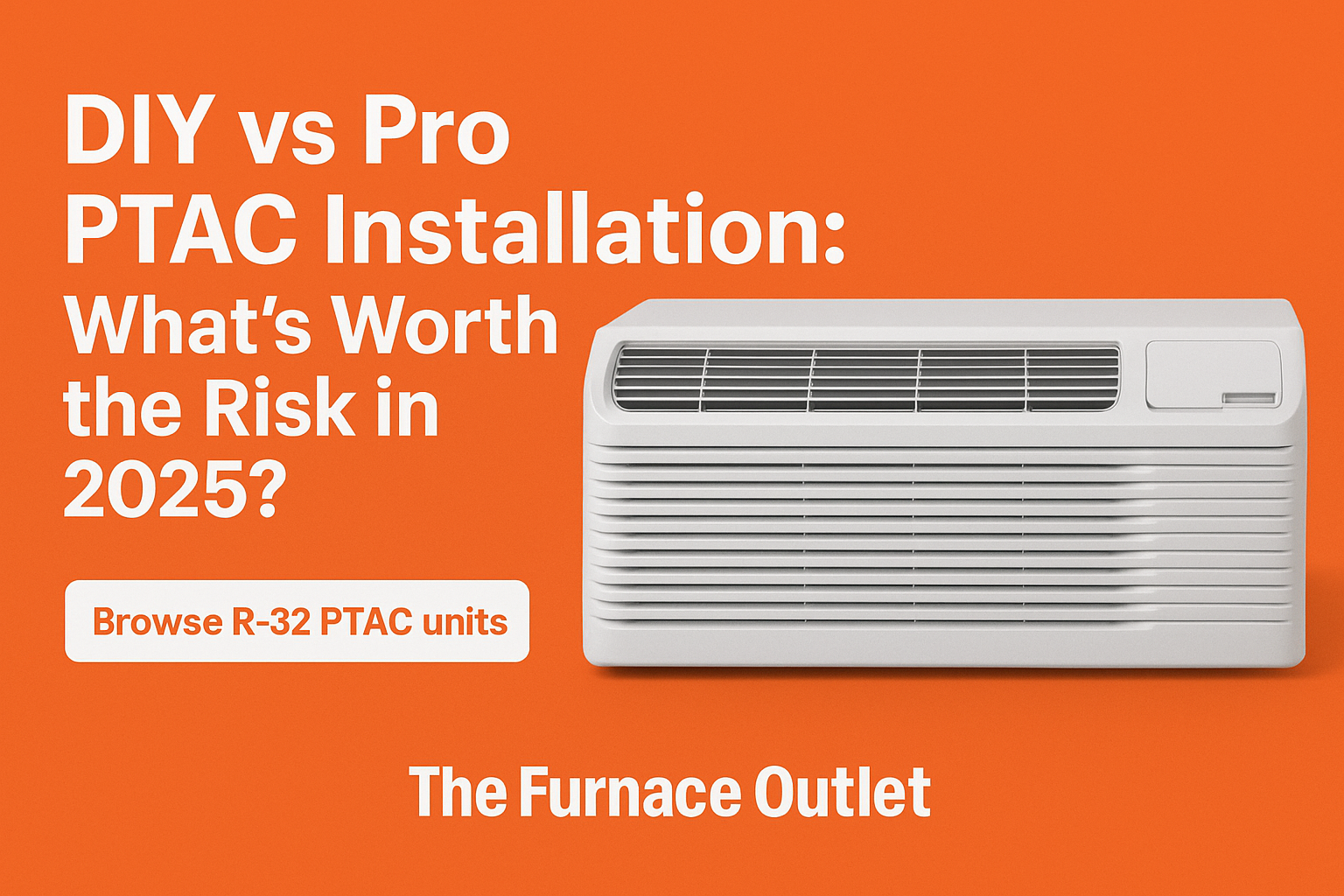 Promotional graphic from The Furnace Outlet comparing DIY vs professional PTAC installation in 2025, featuring a PTAC unit on an orange background with a call-to-action to browse R-32 PTAC units.