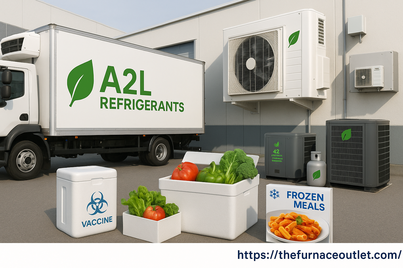 Cold chain logistics truck unloading goods at a warehouse, with icons representing A2L refrigerants and sustainability.