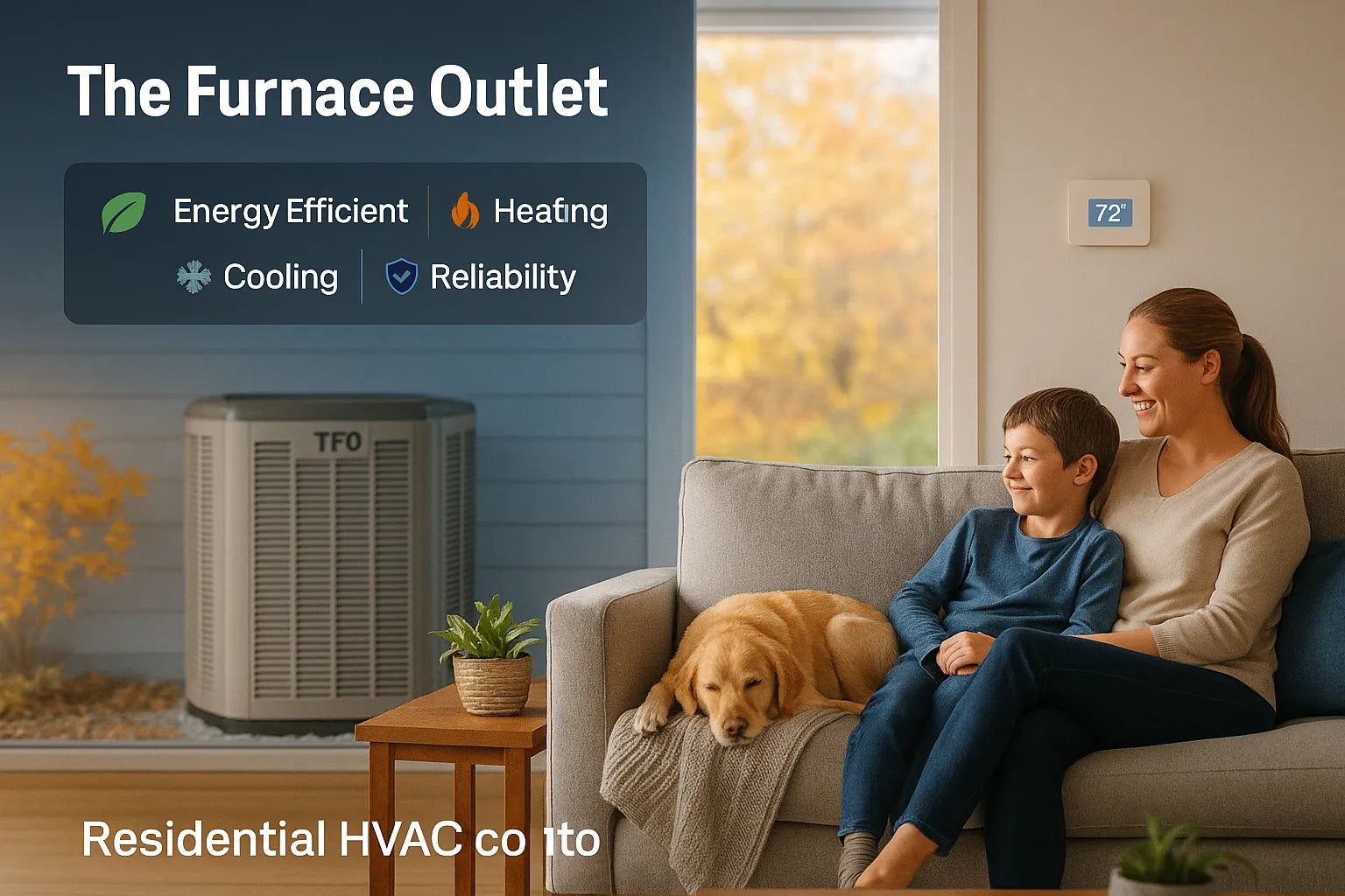 Residential HVAC hero for The Furnace Outlet showing cozy living room with smart thermostat and outdoor condenser, emphasizing energy-efficient heating and cooling.