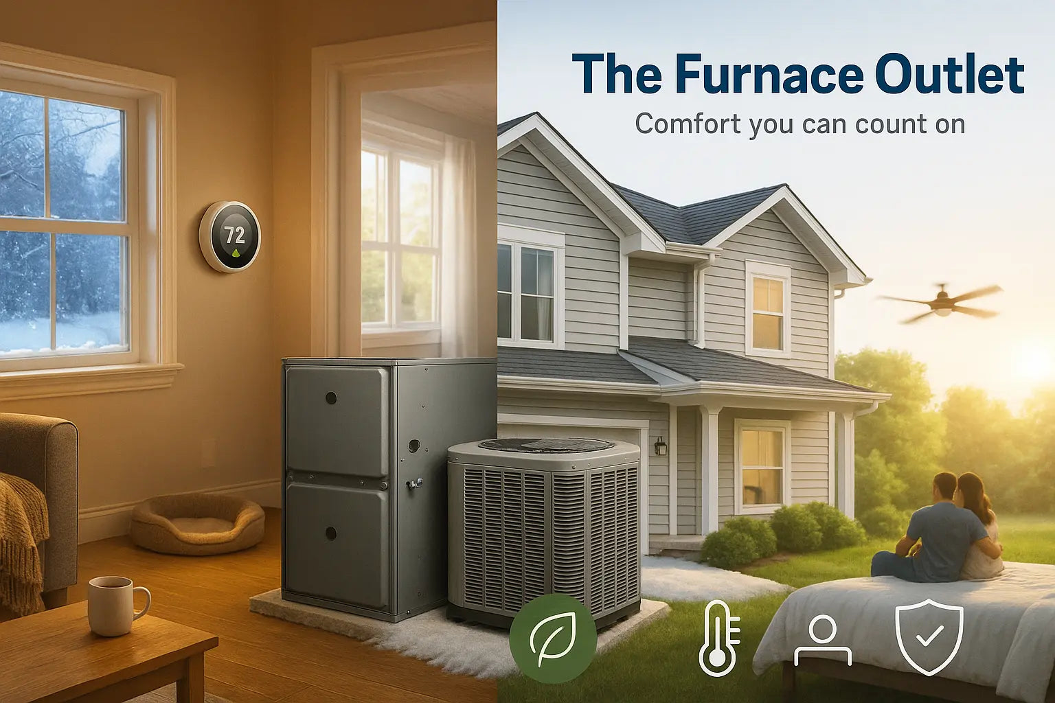 Residential HVAC hero showing cozy winter living room and cool summer home exterior with high-efficiency furnace and AC, conveying energy-smart comfort and reliability for The Furnace Outlet.