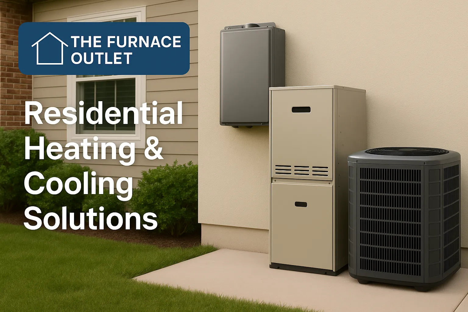 Outdoor residential HVAC setup with energy-efficient furnace, air conditioner, and water heater next to a home exterior, representing The Furnace Outlet’s sizing and comfort solutions.
