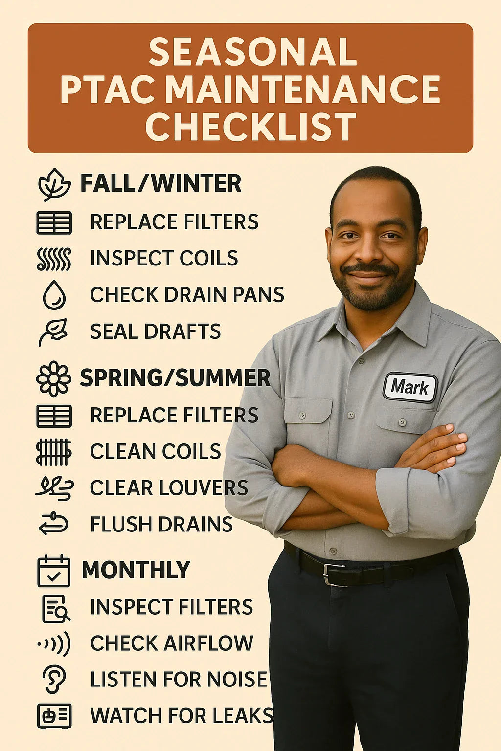 Seasonal PTAC Maintenance Checklist Filters, Coils & Drains