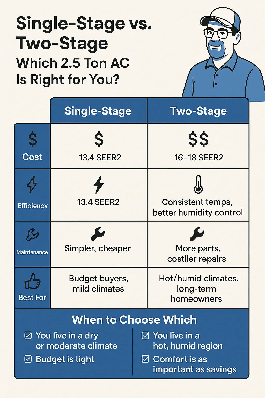 Should You Choose a Single-Stage or Two-Stage 2.5 Ton AC Mike’s Recommendation