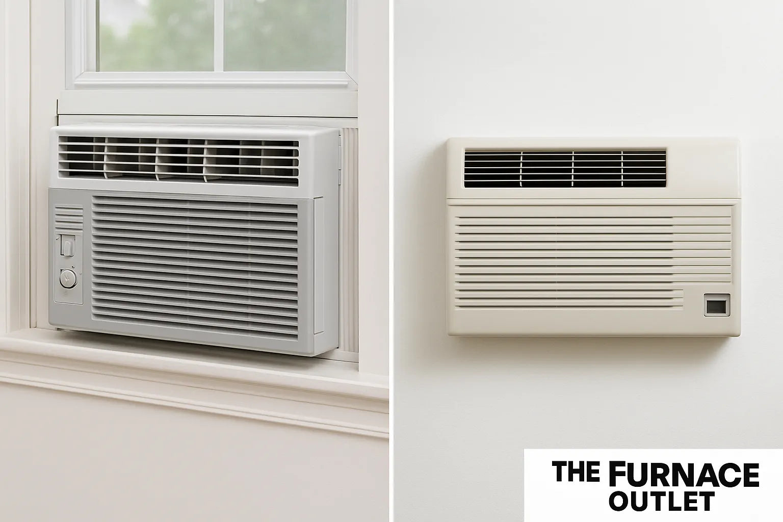 Side-by-side comparison of a window AC installed in a wooden frame and a wall AC mounted through a solid wall, both shown in a modern interior setting
