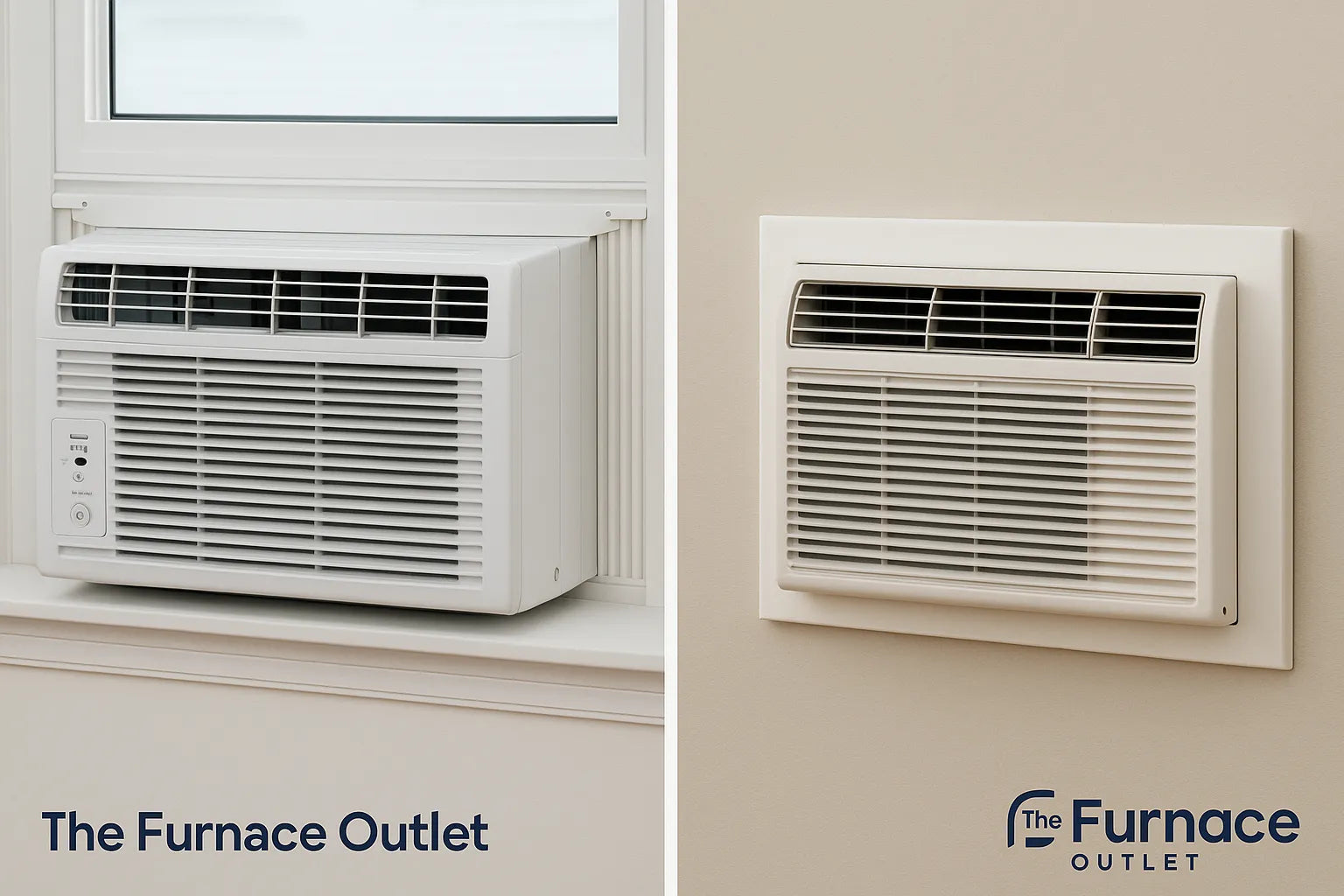 Side-by-side comparison of a window air conditioner and a through-the-wall unit in clean residential interiors, branded with The Furnace Outlet logo