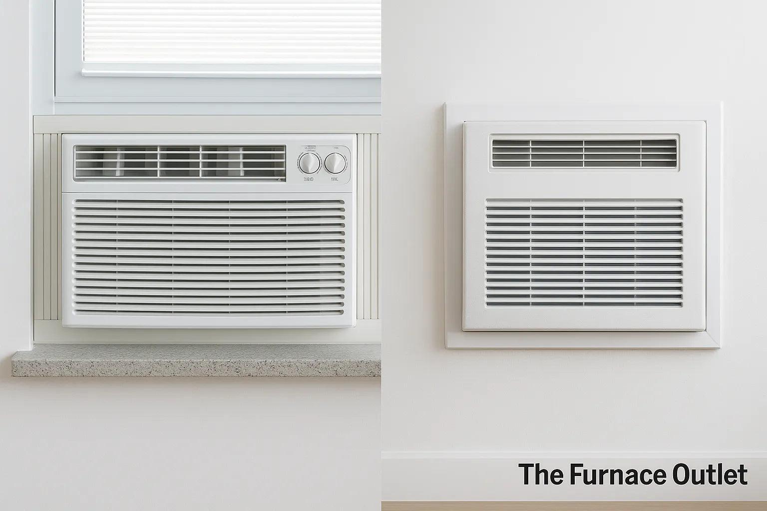 Side-by-side comparison of window and wall air conditioners in a clean, neutral indoor setting with “The Furnace Outlet” logo.