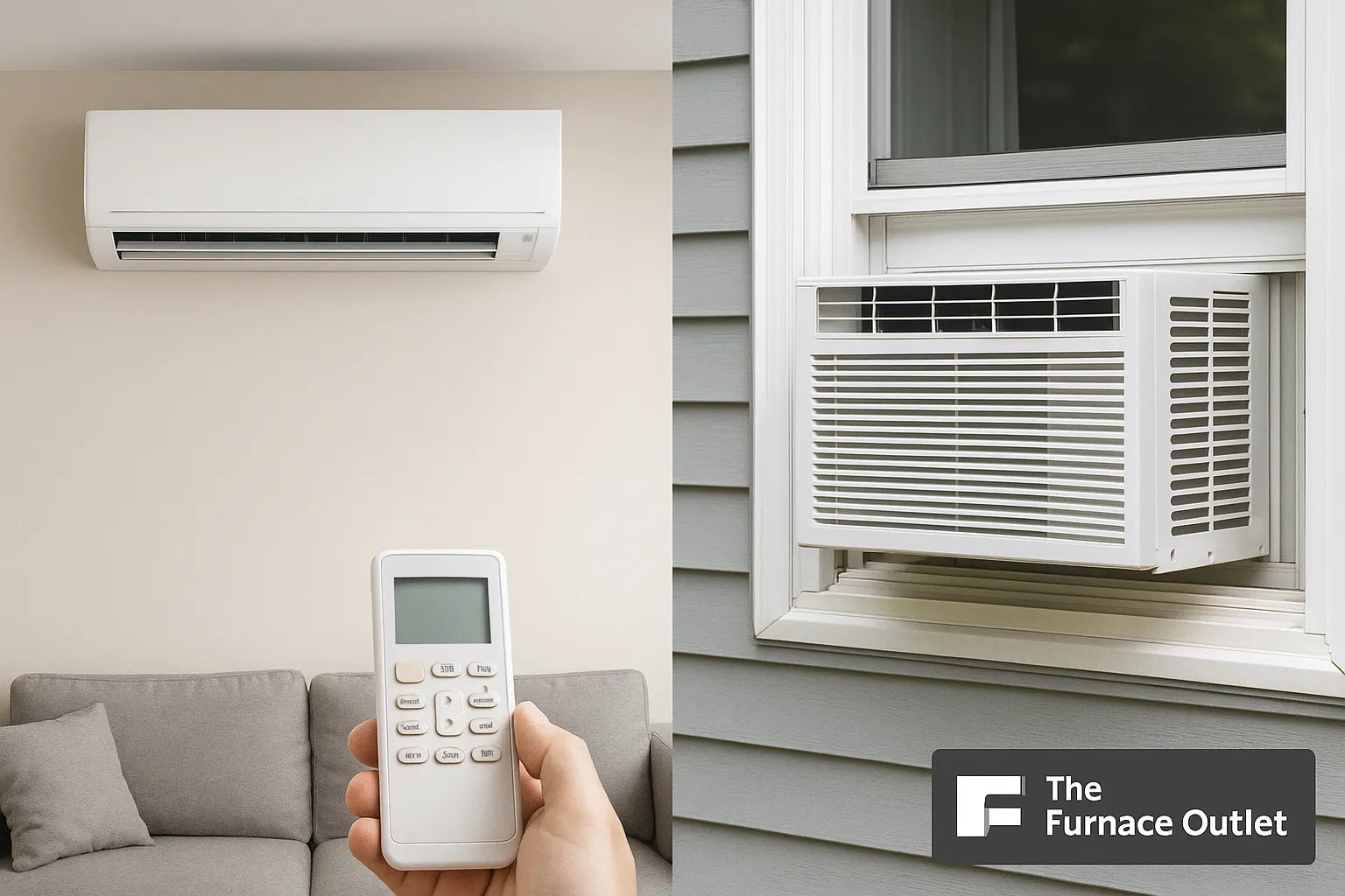 Side-by-side hero image comparing a sleek wall-mounted mini-split system with a traditional window air conditioner, branded for The Furnace Outlet.