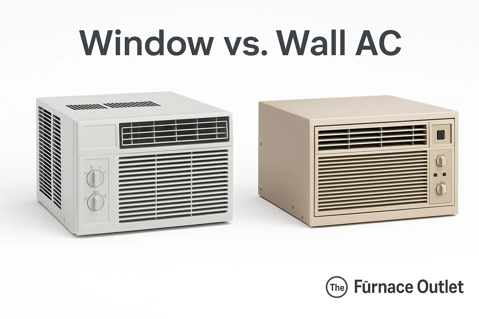 Side-by-side image comparing a window AC and a wall AC unit with “The Furnace Outlet” logo in the corner.