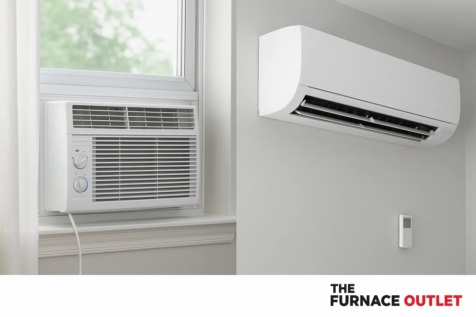 Side-by-side view of a window air conditioner and a wall-mounted mini-split inside a modern room, showcasing smart AC options.