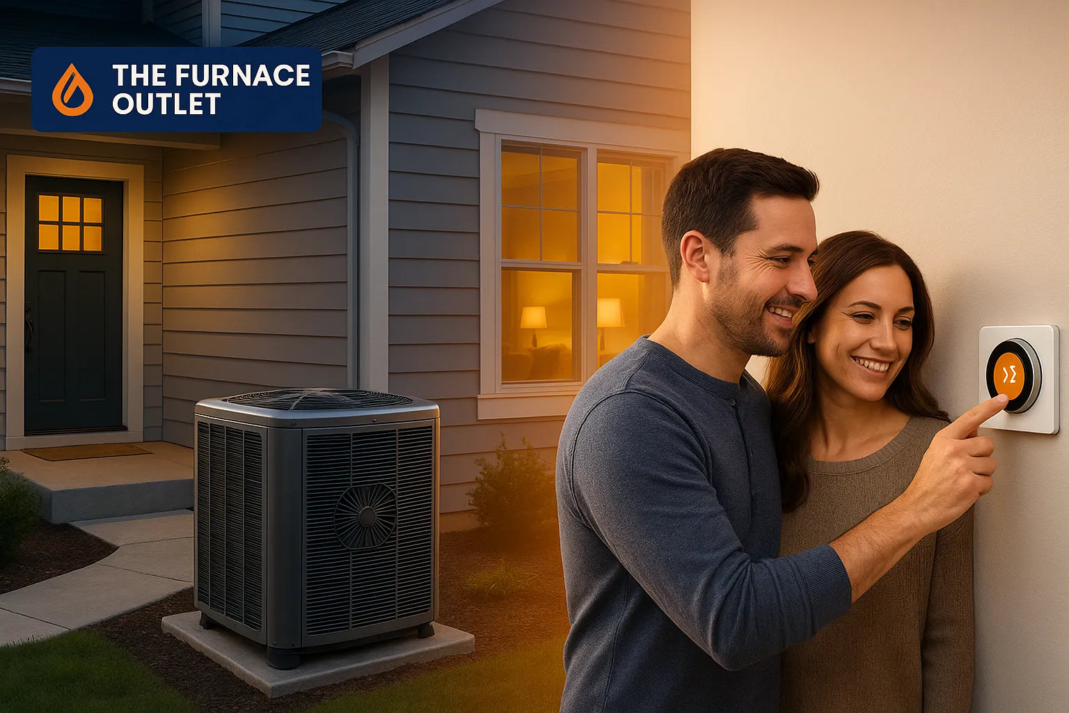 Smiling homeowners adjust a smart thermostat inside while a sleek outdoor heat‑pump unit sits beside their warmly lit suburban house, illustrating The Furnace Outlet’s reliable