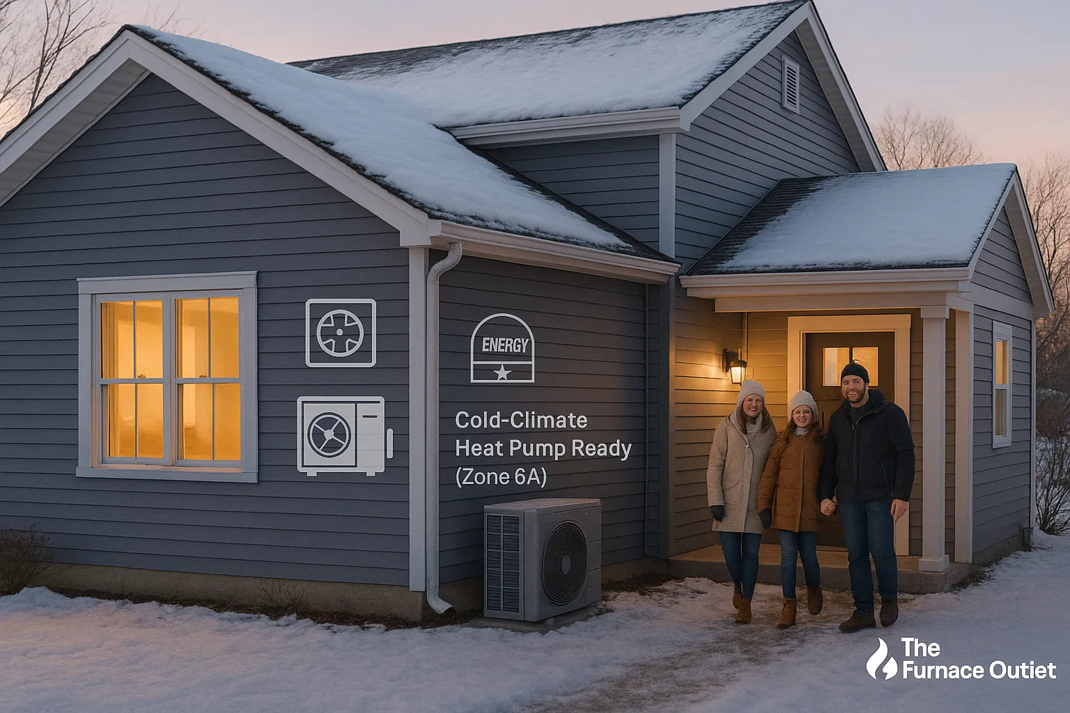 Snowy Zone 6A home with heat pump and glowing windows, showing cold-climate comfort