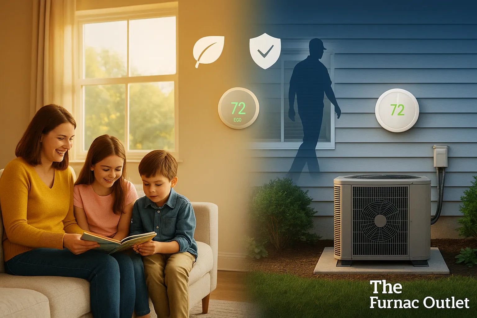 Split-scene hero showing a cozy family living room and a tidy outdoor heat pump install for The Furnace Outlet—conveying efficient, comfortable, and reliable home HVAC.