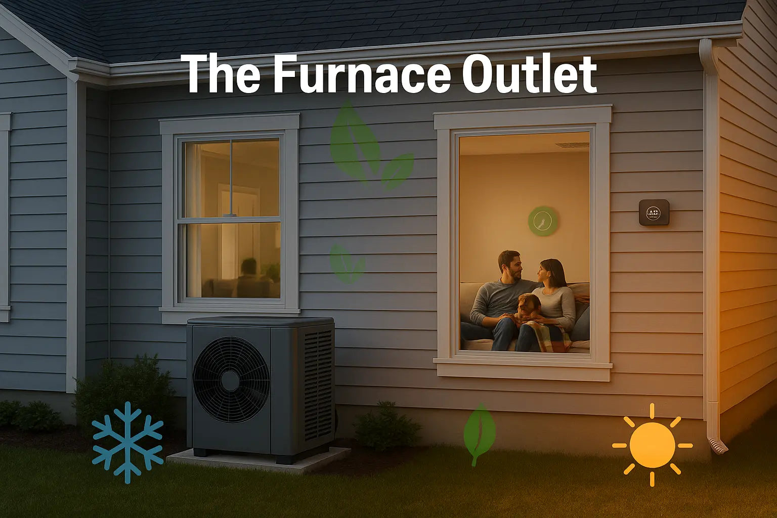 Split-season suburban home with outdoor heat pump and cozy living room, illustrating energy-efficient heating and cooling by The Furnace Outlet.