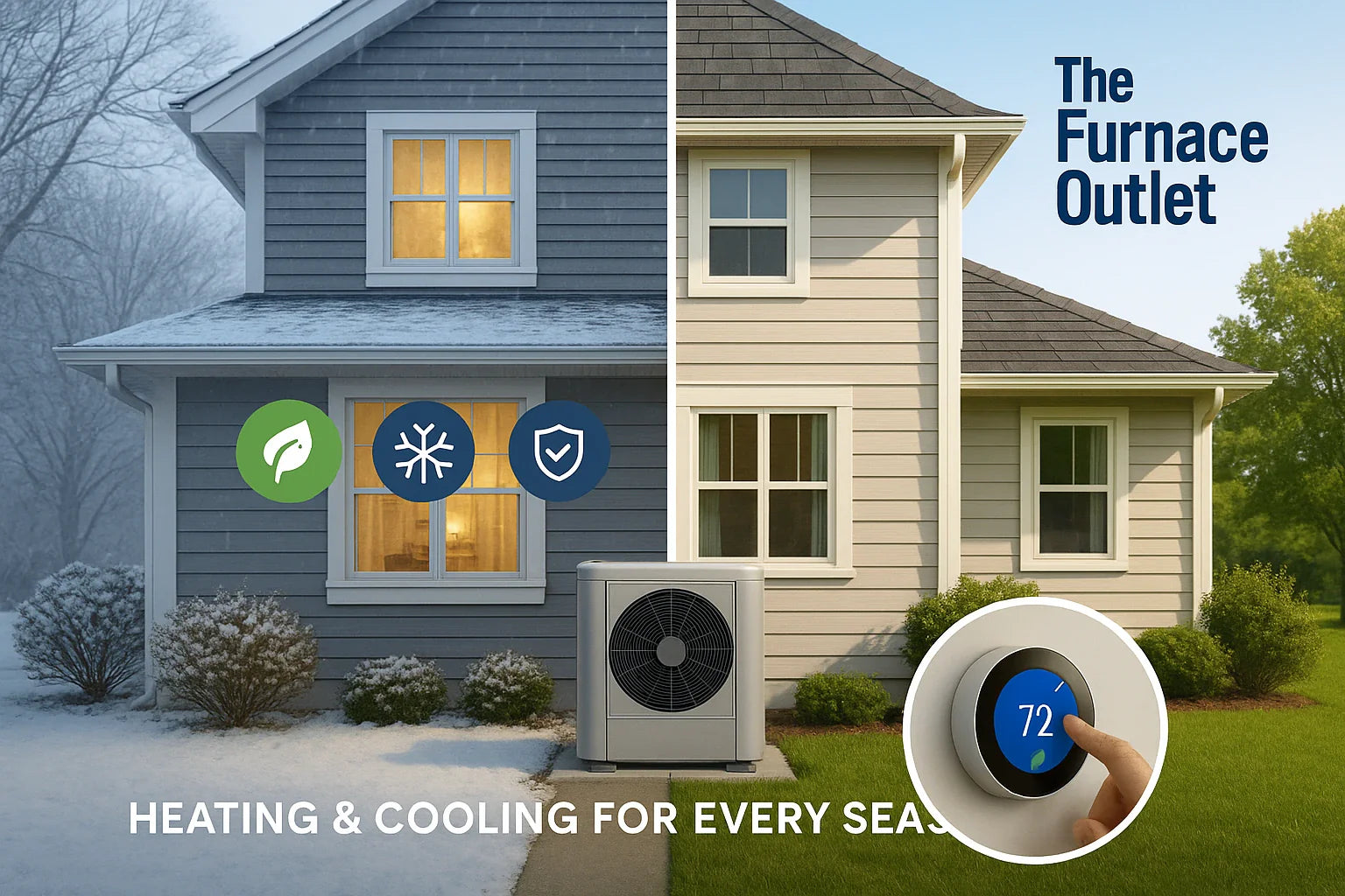 Split-season view of a modern U.S. home with outdoor heat pump, conveying energy-efficient heating and cooling from The Furnace Outlet.
