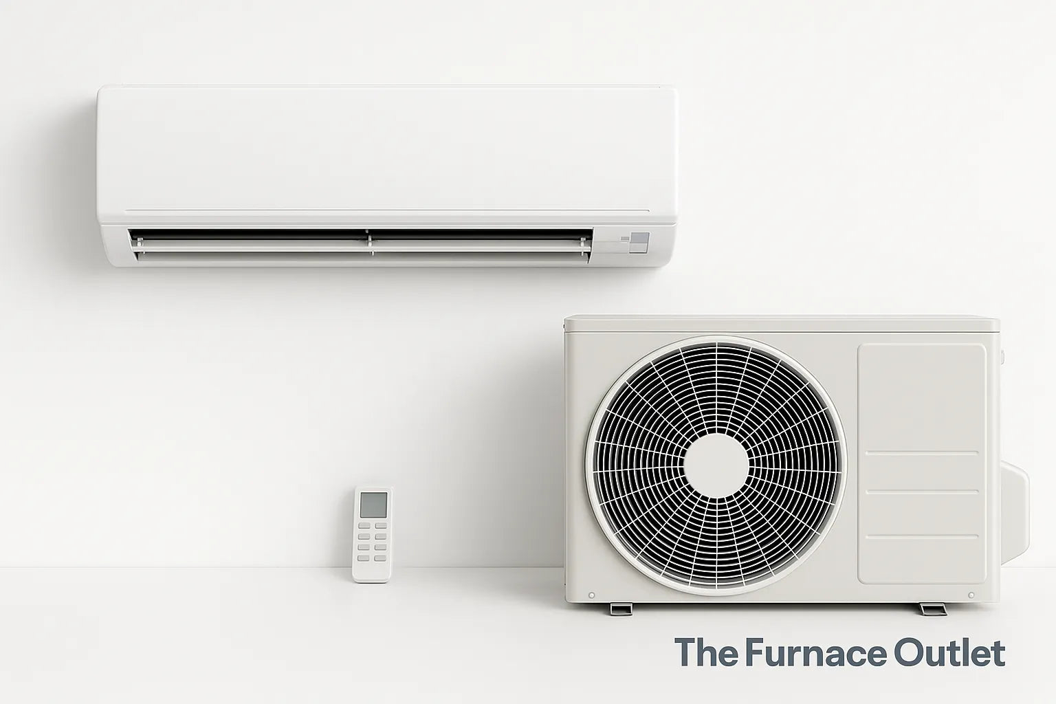 Split-type mini-split air conditioning system with remote control, styled for The Furnace Outlet branding.