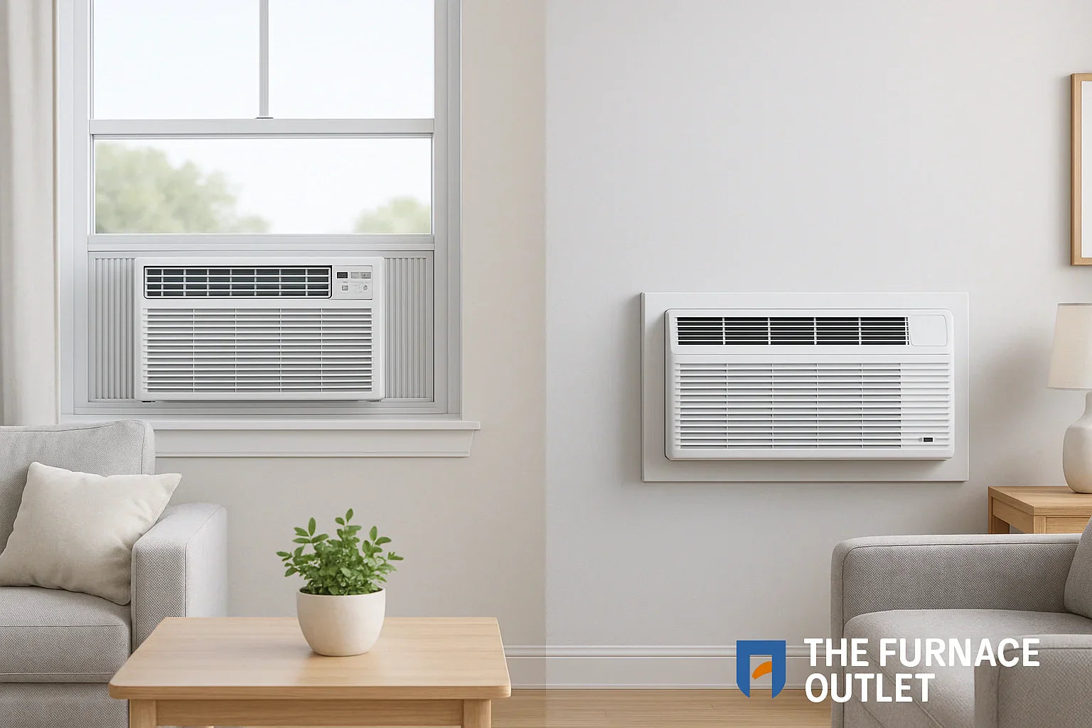 Split-view living room showing window AC versus wall AC, illustrating moisture-removal performance with The Furnace Outlet logo overlay.