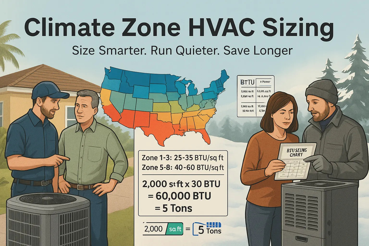 Split image of homeowners sizing HVAC systems in hot and cold climate zones using a climate zone map and BTU calculator.