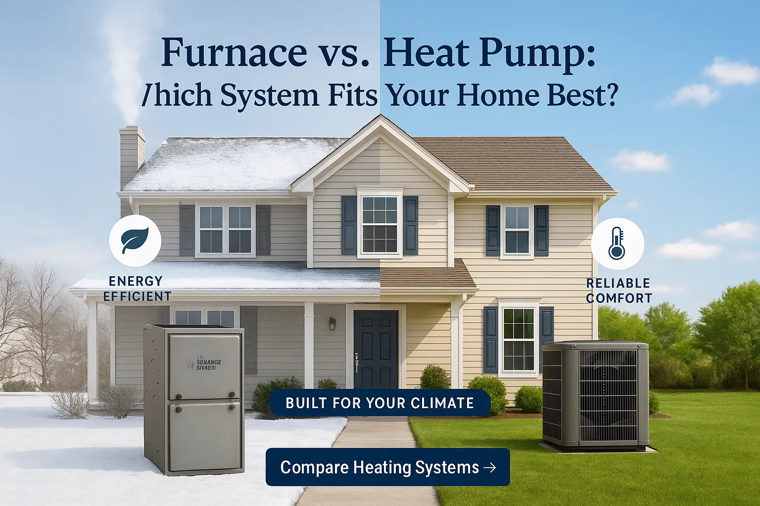 Split view of a suburban home using a furnace in winter and a heat pump in summer, showcasing HVAC solutions.