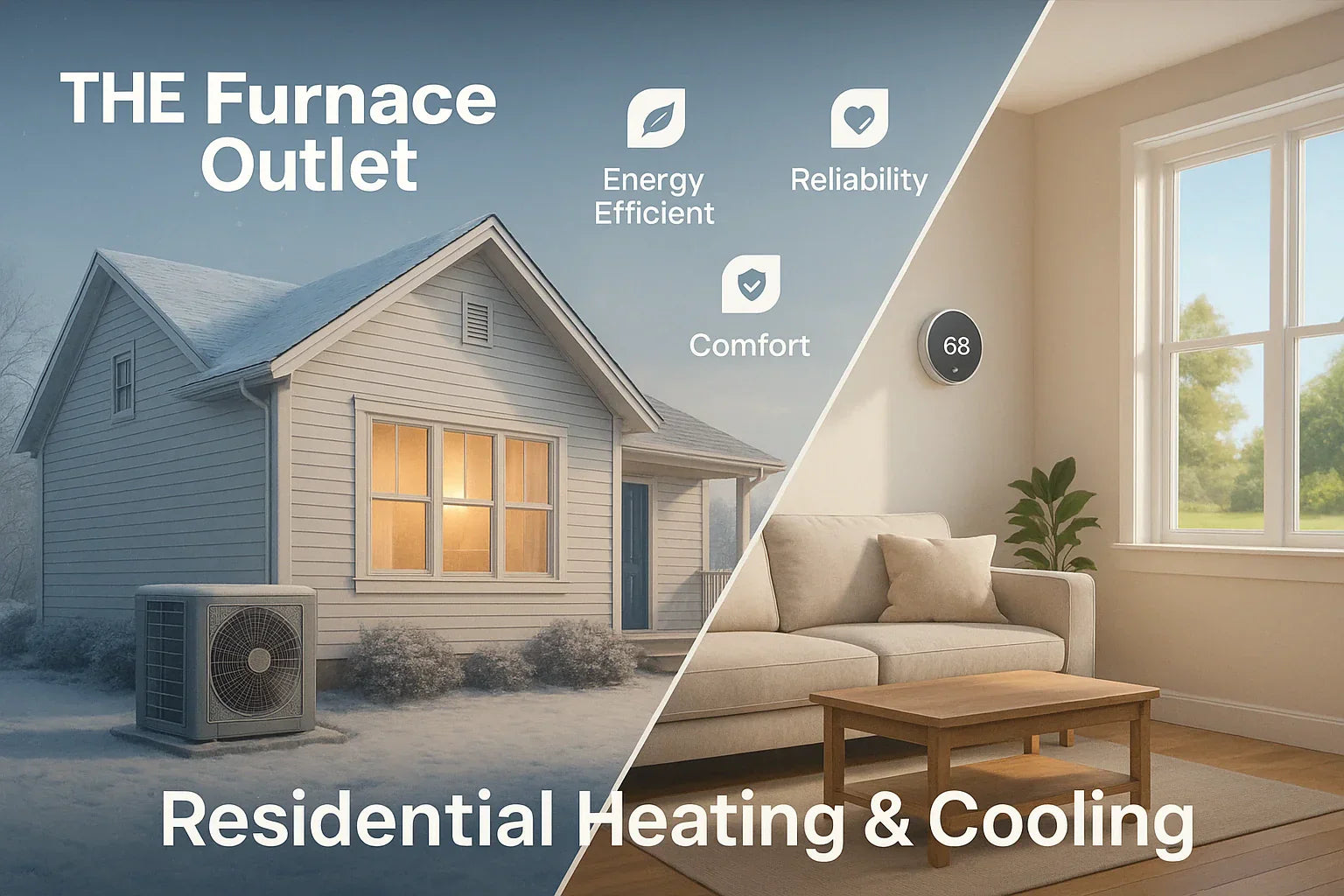 Split wintersummer hero image of a U.S. home and living room with heat pump and smart thermostat, conveying energy-efficient, reliable comfort for The Furnace Outlet.