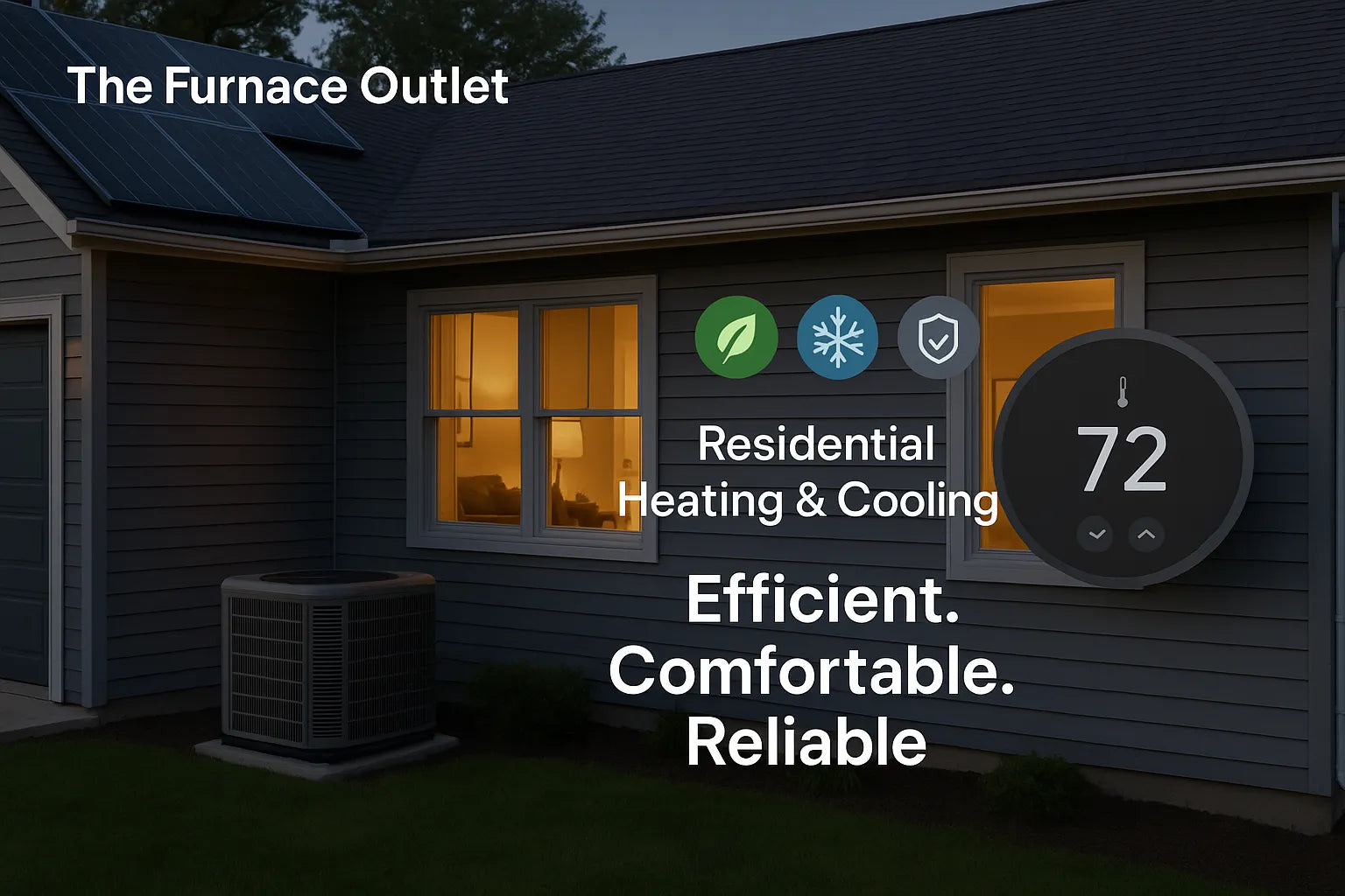 Suburban U.S. home at dusk with outdoor heat-pump unit and thermostat overlay, conveying energy-efficient, comfortable, reliable HVAC by The Furnace Outlet.