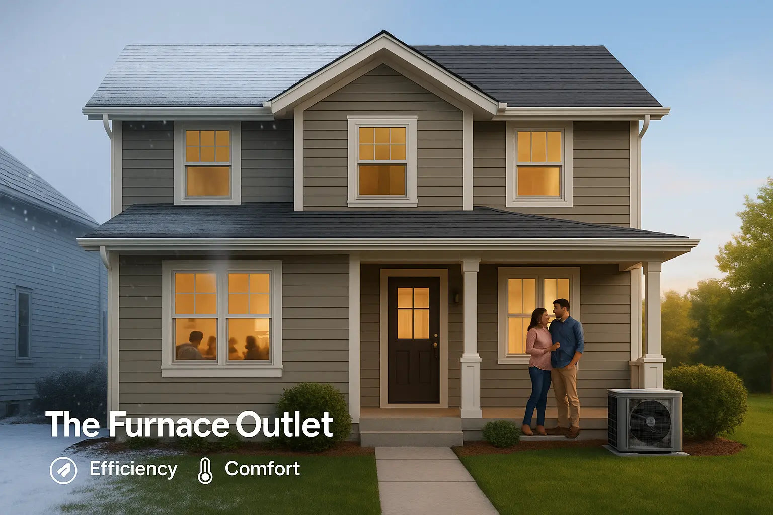 Suburban U.S. home split between winter and summer, showcasing efficient, reliable heating and cooling by The Furnace Outlet.