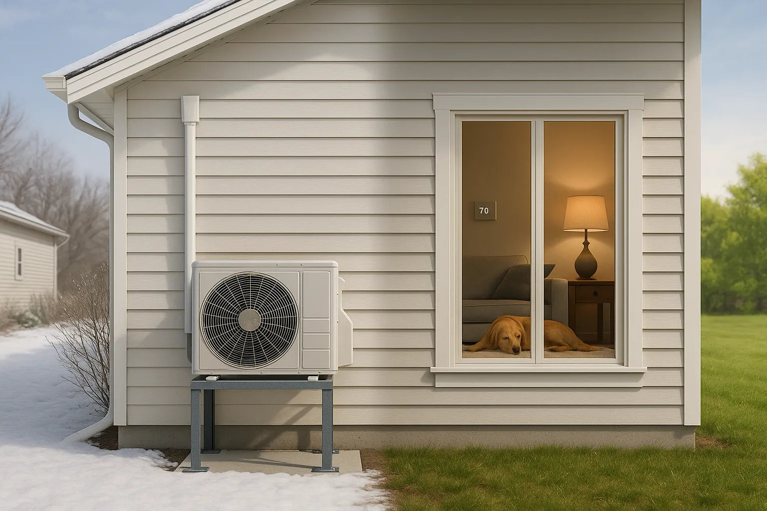 Suburban U.S. home with cold-climate heat pump on stand, winter-to-summer split scene showing efficient, reliable comfort for The Furnace Outlet.