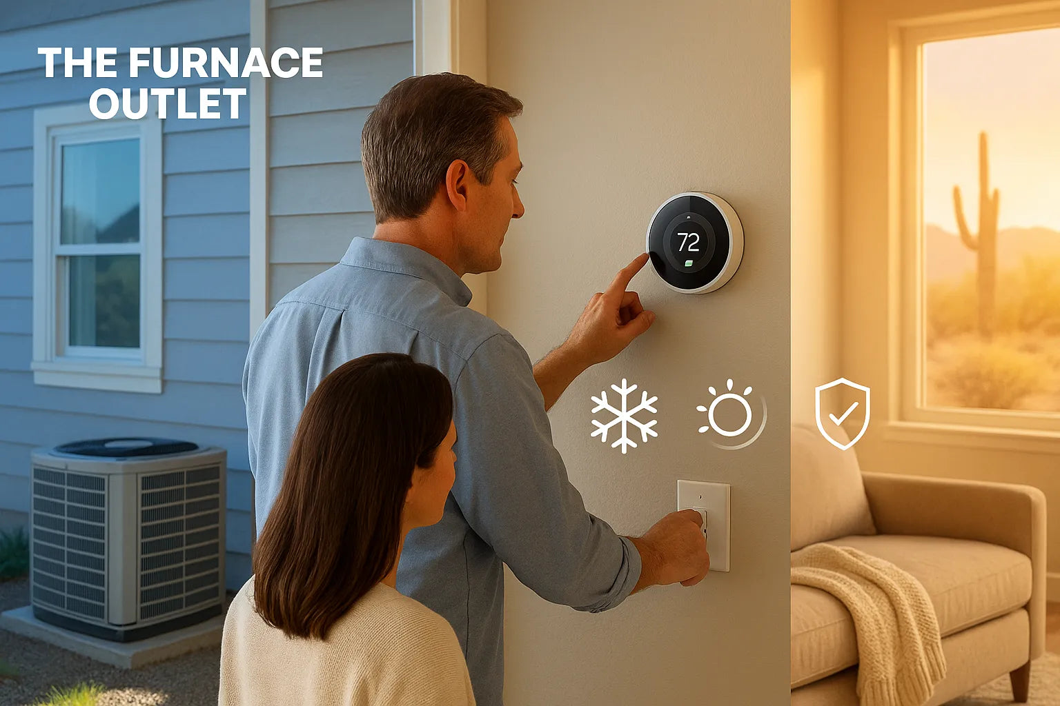 Suburban U.S. home with energy-efficient heat pump outside and a smiling homeowner adjusting a smart thermostat—The Furnace Outlet HVAC hero.