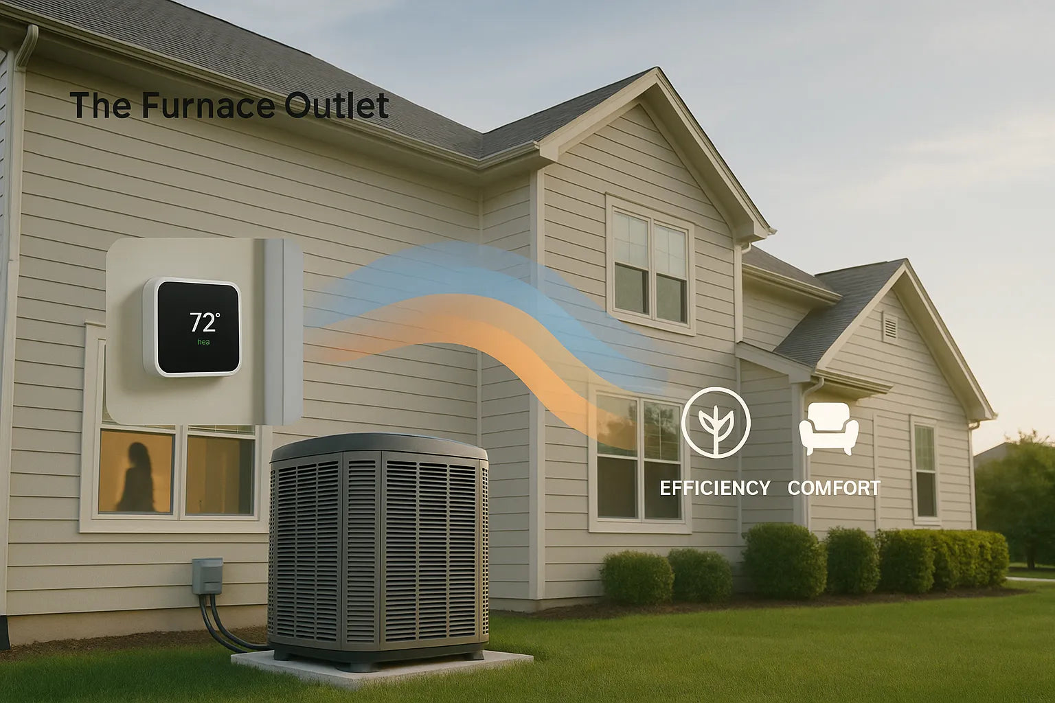Suburban U.S. home with modern HVAC condenser and soft blue–orange airflow graphics, conveying efficient, comfortable, reliable heating and cooling by The Furnace Outlet.