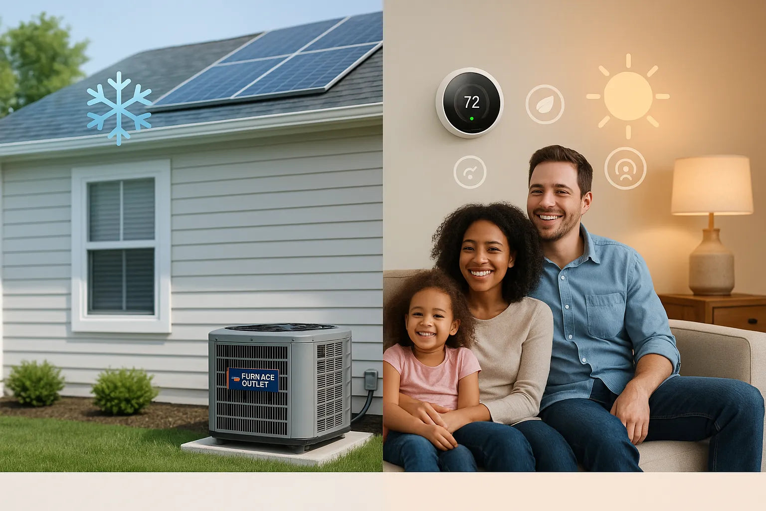 Suburban home and cozy living room split-scene showing outdoor AC unit and family comfort, highlighting energy-efficient heating and cooling by The Furnace Outlet.