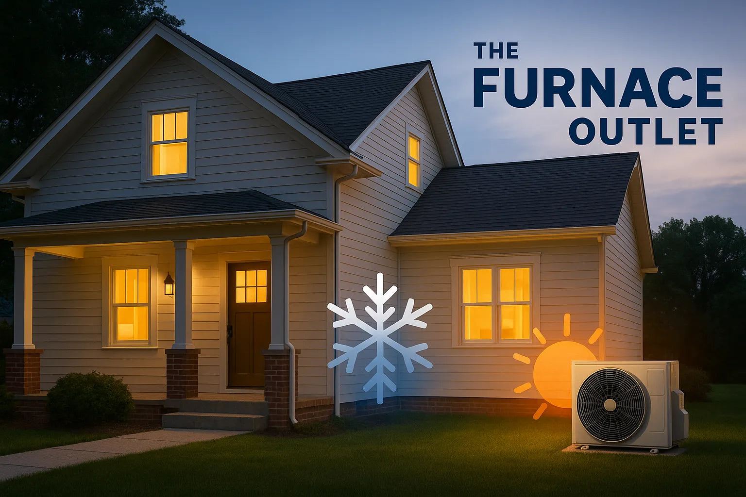 Suburban home at dusk with heat‑pump unit and snowflake‑sun icons symbolizing efficient heating and cooling.