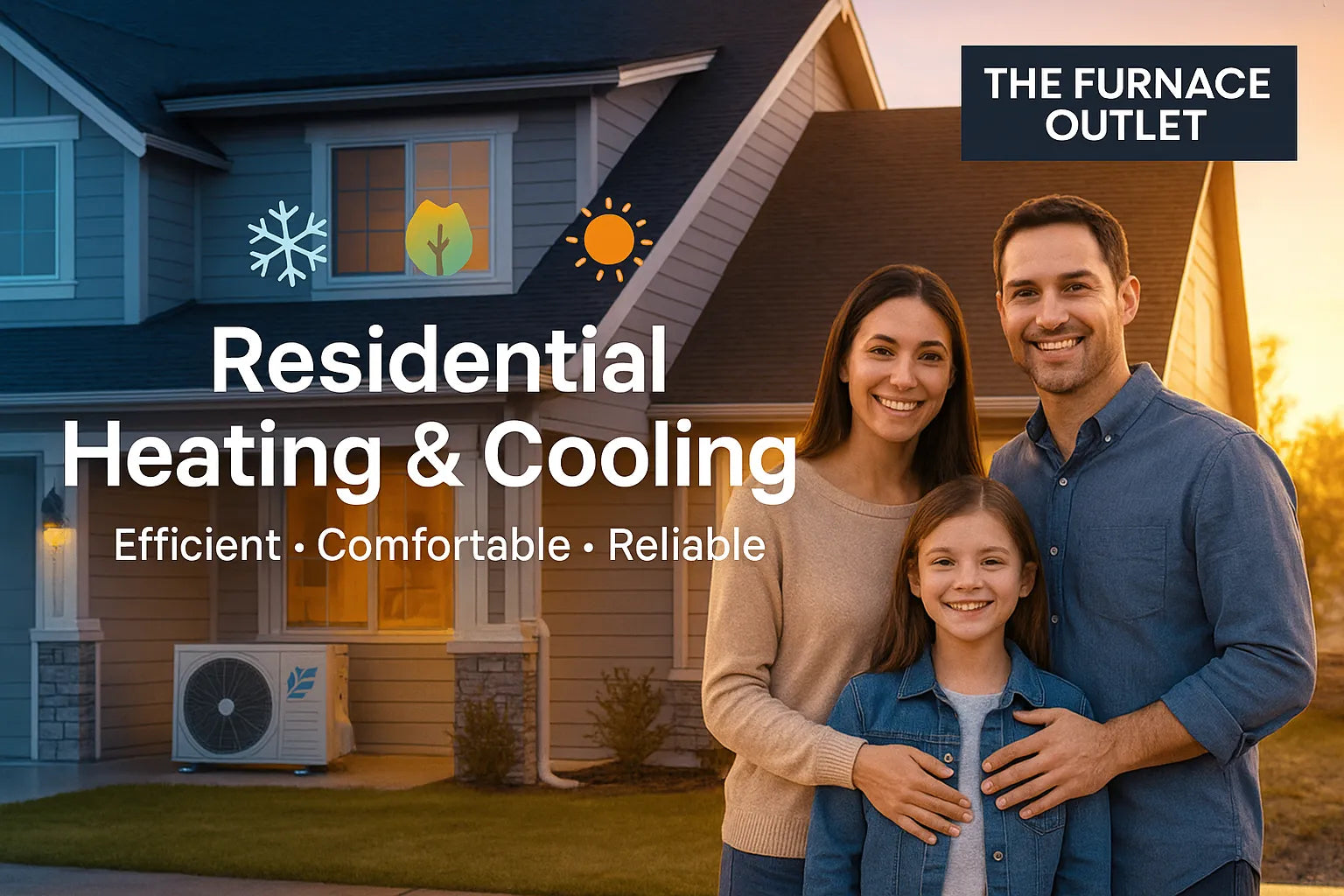 Suburban home hero for The Furnace Outlet showing energy-efficient heating & cooling outdoor AC unit, smart thermostat, and a family relaxing indoors.